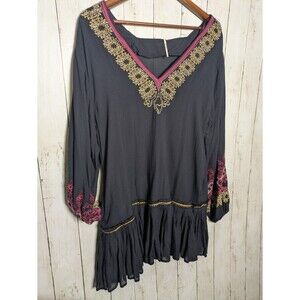 Free People Black Embroidered Boho Peasant Tunic Dress Small Whimsigoth Festival
